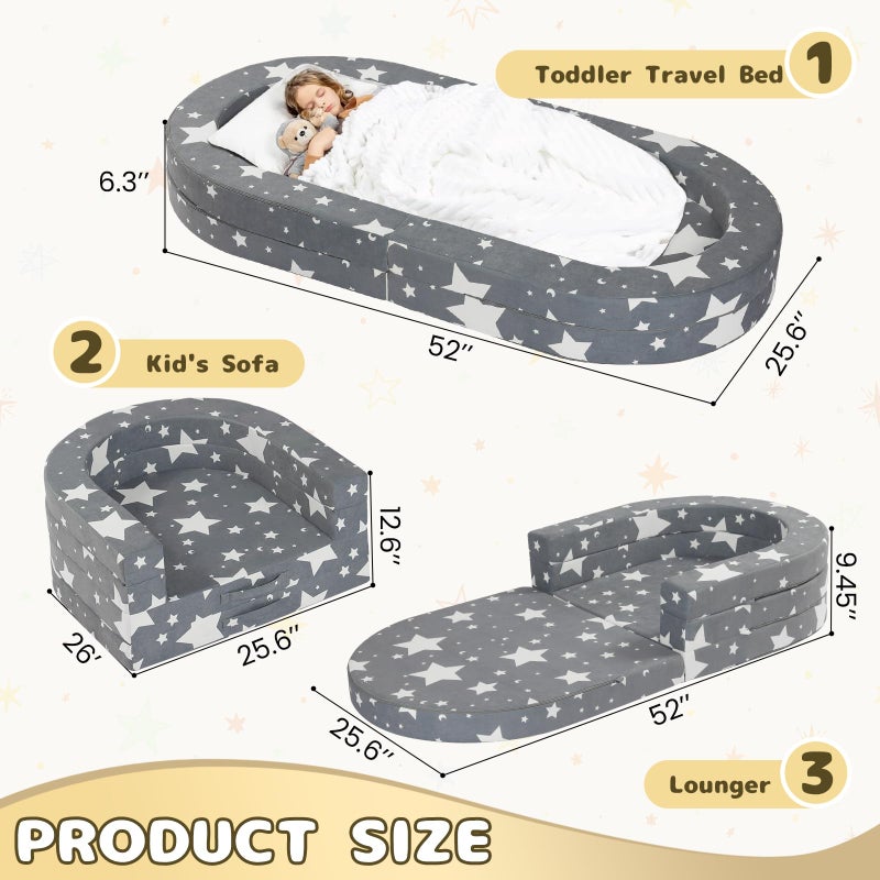 Tykacna Travel Toddler Bed, 3-in-1 Portable Foldable Toddler Chair,Soft Foam Floor Bed Lounger with Washable Cover,Star - Image 2