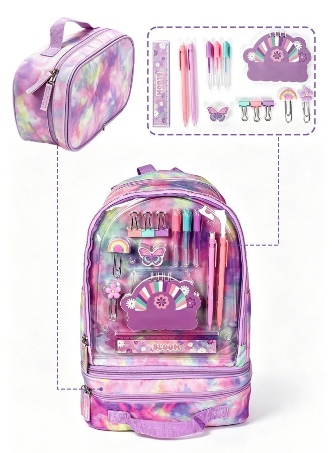 SOOO GOOD School Bag 3 in 1 Set, Tie-Dye Backpack with Detachable Lunch Box Bag & Stationery Set, Waterproof Large Capacity Bookbag for School, Outdoor Picnic, Hiking - Image 1