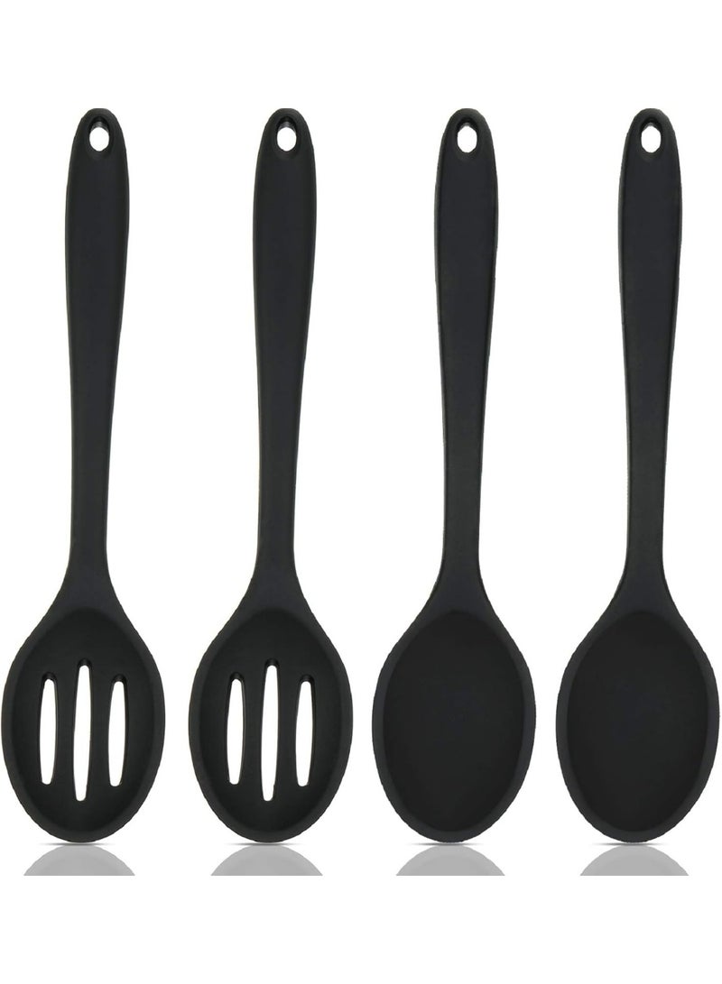 بواو 4 قطع ملاعق سيليكون للطبخ مقاس 10.6 انش، ملاعق تقديم كبيرة غير لاصقة مقاومة للحرارة، ملعقة مشقوقة للخلط والتقليب، ادوات الطبخ للمطبخ، امنة للاستخدام في غسالة الصحون (اسود) - Image 1