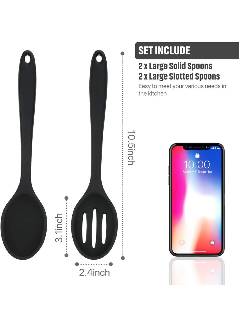 بواو 4 قطع ملاعق سيليكون للطبخ مقاس 10.6 انش، ملاعق تقديم كبيرة غير لاصقة مقاومة للحرارة، ملعقة مشقوقة للخلط والتقليب، ادوات الطبخ للمطبخ، امنة للاستخدام في غسالة الصحون (اسود) - Image 2