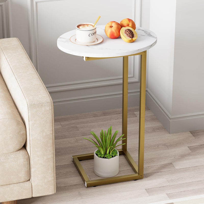 Katrawu C Shaped End Table, Oval Couch Side Tables for Living Room, Sofa End Table with Metal Frame, Small Wooden Snack Table for Bedroom, Small Spaces, Easy Assembly, Gold - Image 1