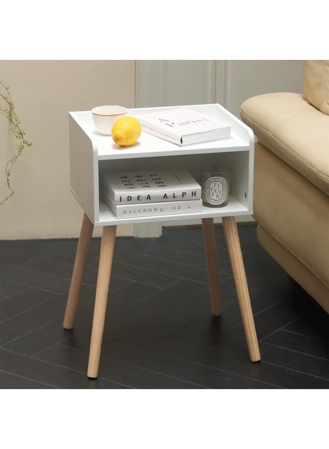 جورونب طاولة جانبية بيضاء، طاولة جانبية صغيرة للسرير للمساحات الصغيرة، طاولة جانبية حديثة منتصف القرن مع مساحة تخزين وأرجل من الخشب الصلب لغرفة النوم وغرفة المعيشة (أبيض) - Image 2