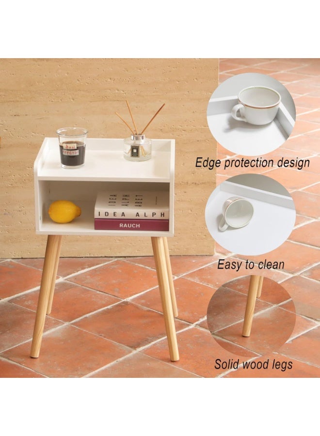 جورونب طاولة جانبية بيضاء، طاولة جانبية صغيرة للسرير للمساحات الصغيرة، طاولة جانبية حديثة منتصف القرن مع مساحة تخزين وأرجل من الخشب الصلب لغرفة النوم وغرفة المعيشة (أبيض) - Image 4