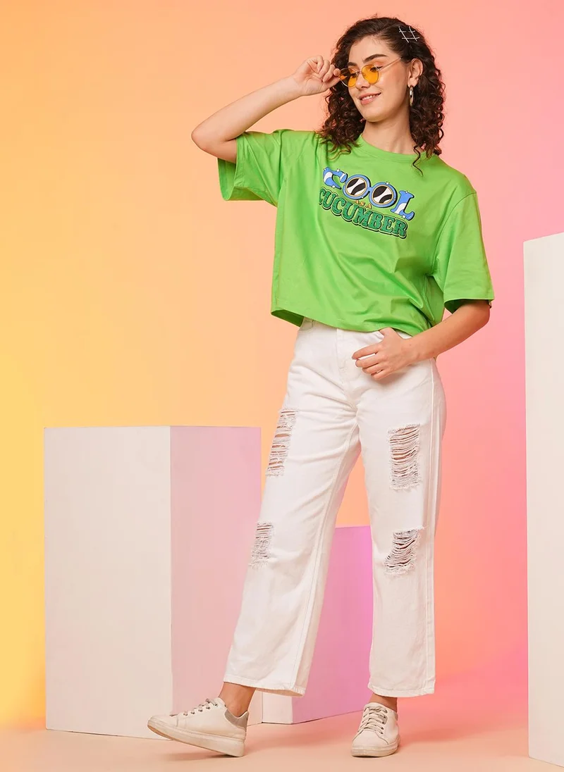 جلو باص تيشيرت قطن بطباعة جرافيك نسائي بياقة دائرية وأكمام قصيرة من جلوبس