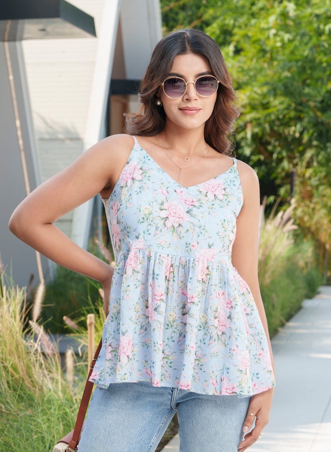 DW Floral Printed Pure Cotton Strappy Peplum Top - Image 1