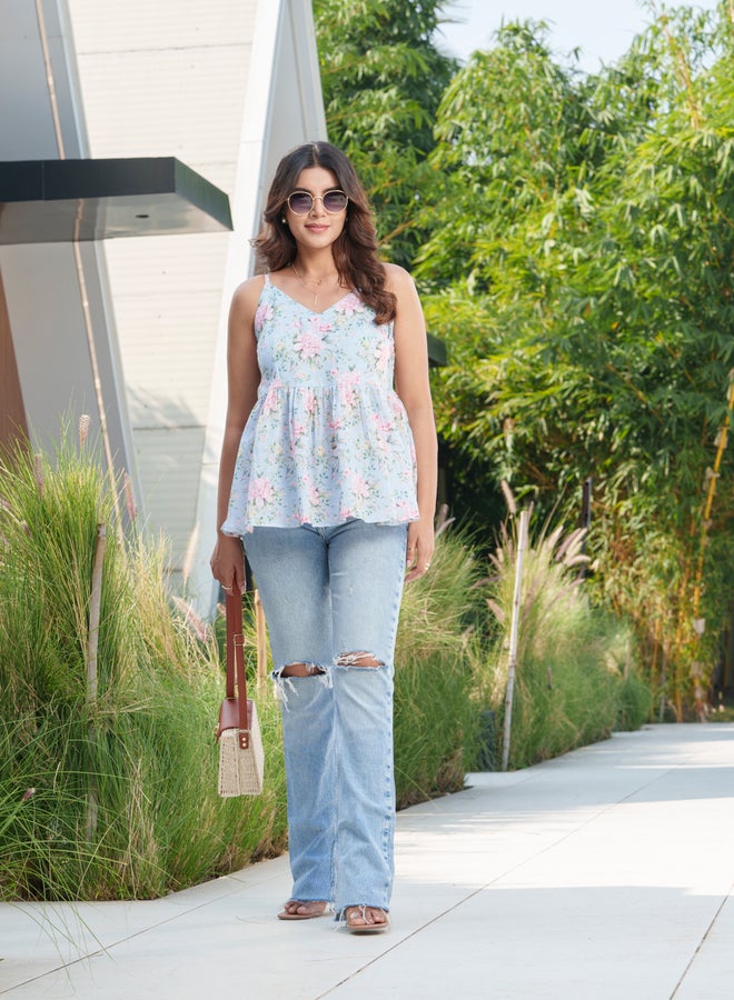 DW Floral Printed Pure Cotton Strappy Peplum Top - Image 2