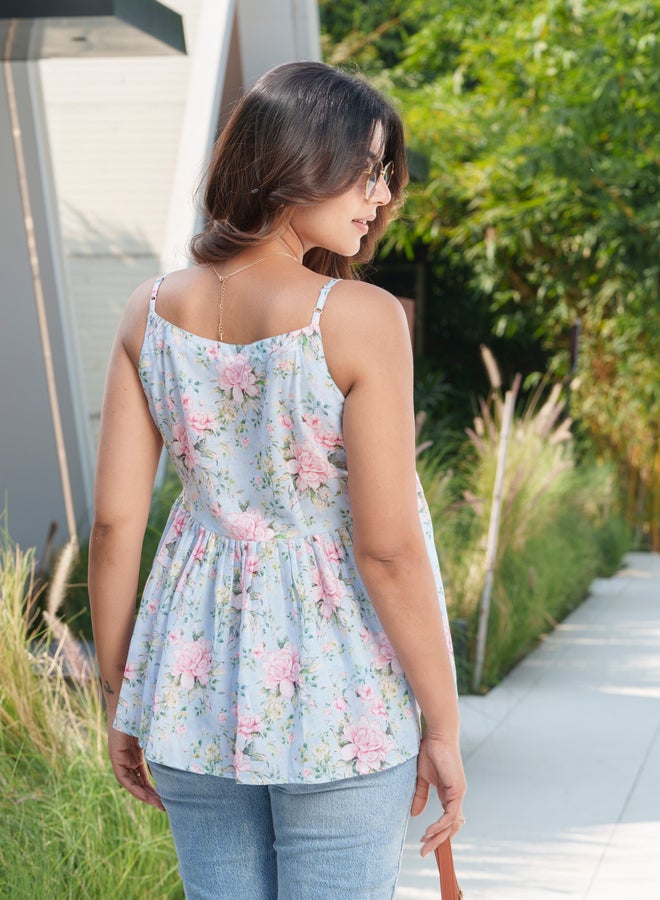 DW Floral Printed Pure Cotton Strappy Peplum Top - Image 3