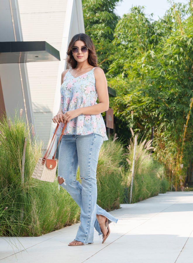 DW Floral Printed Pure Cotton Strappy Peplum Top - Image 5