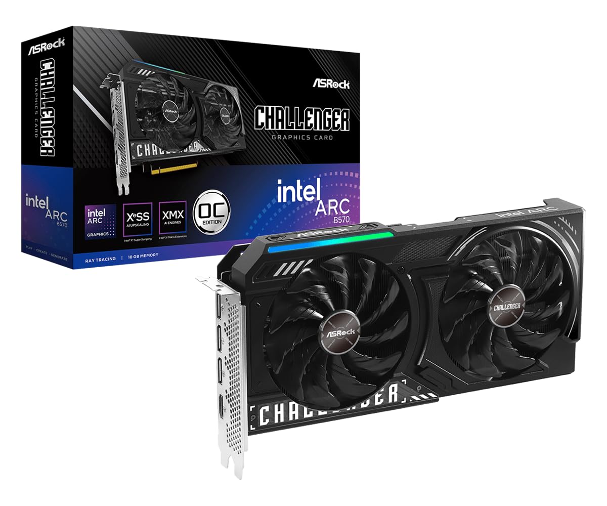 ASRock Intel Arc B570 Challenger 10GB OC GDDR6 Graphics Card, 2600 MHz GPU, 19 Gbps Memory, Dual Fan, Metal Backplate, HDMI 2.1a, DisplayPort 2.1, 0dB Cooling