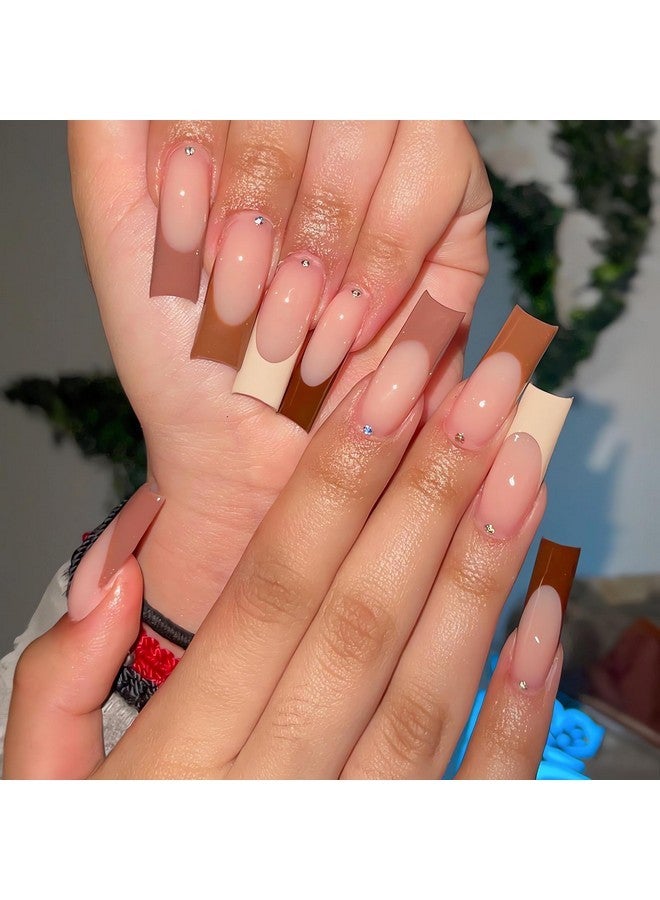 MISUD Fall Press On Nails Long Square Fake Nails Glossy Glue On Nails Brown French Tip Acrylic Nails Squoval Autumn Artificial Nails 3D Rhinestone Stick On False Nails With Design 24 Pcs - Image 1