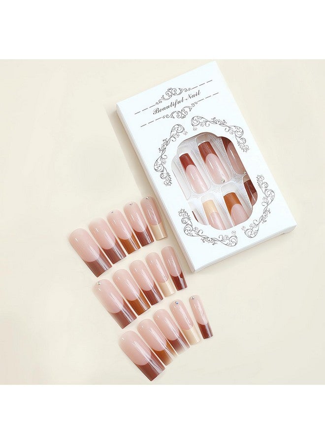 MISUD Fall Press On Nails Long Square Fake Nails Glossy Glue On Nails Brown French Tip Acrylic Nails Squoval Autumn Artificial Nails 3D Rhinestone Stick On False Nails With Design 24 Pcs - Image 4
