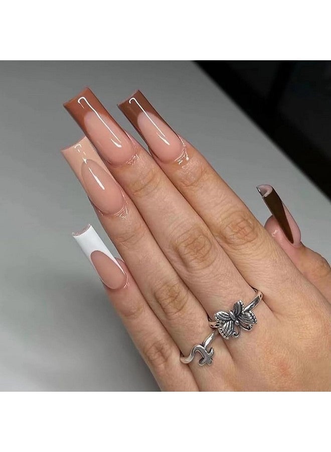 MISUD Fall Press On Nails Long Square Fake Nails Glossy Glue On Nails Brown French Tip Acrylic Nails Squoval Autumn Artificial Nails 3D Rhinestone Stick On False Nails With Design 24 Pcs - Image 2