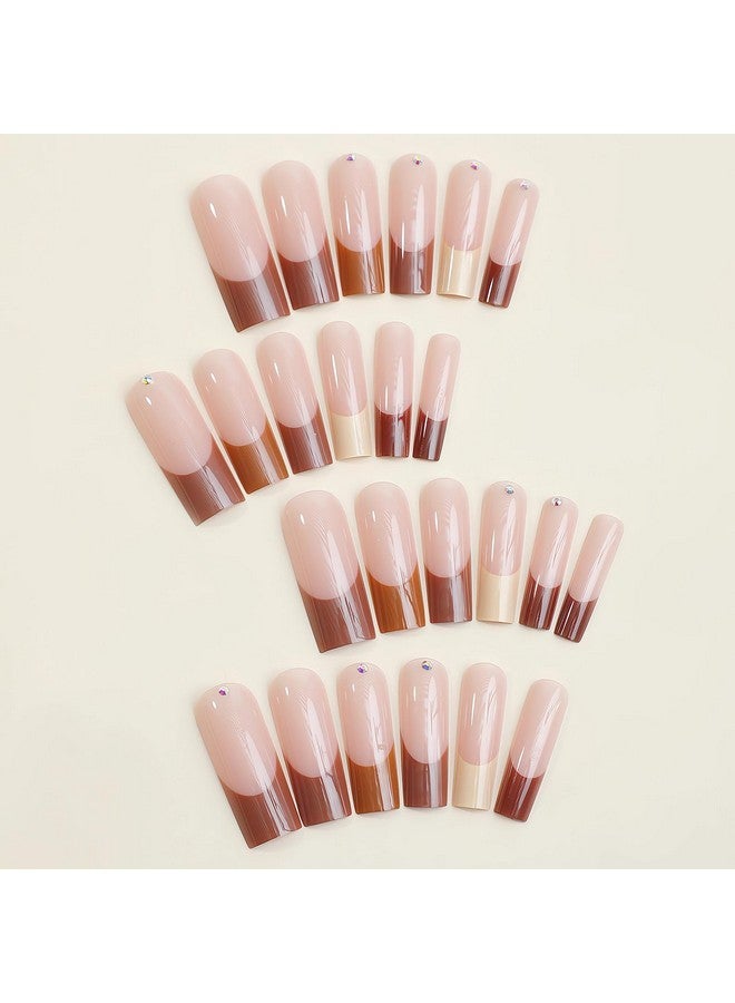 MISUD Fall Press On Nails Long Square Fake Nails Glossy Glue On Nails Brown French Tip Acrylic Nails Squoval Autumn Artificial Nails 3D Rhinestone Stick On False Nails With Design 24 Pcs - Image 3