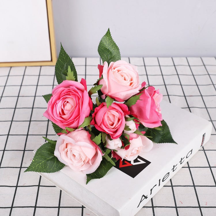Generic Luxury Silk 18-Roses Bouquet Home Wedding Decor 9 Head and handlebar bundle Mei pink heart 