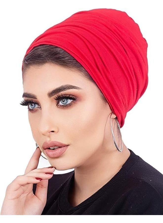 Women's Turban Cotton Turban (2 Pieces) Women Hat Hijab Ladies Turban Women Bonnet Caps Headwear Turban for Women, Red - Image 3