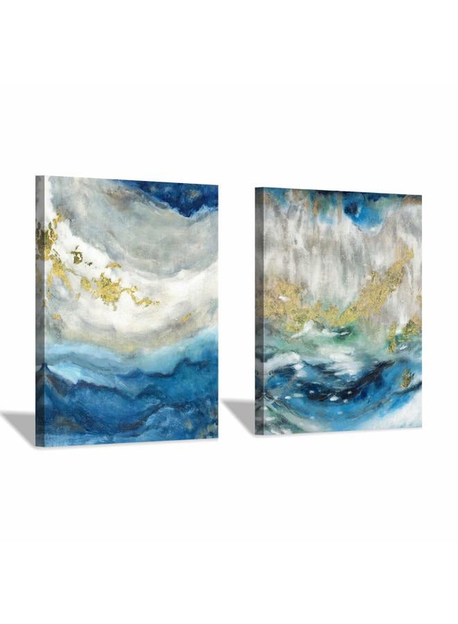 Hardy Gallery Abstract Painting Canvas Wall Art: Blue Picture Hand Painted Artwork for Living Room (24'' x 18'' x 2 Panels) - Image 1