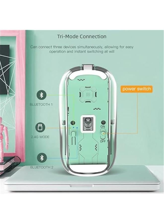 مطور ماوس بلوتوث لاسلكي وضع مزدوج نحيف 5.1 USB 2.4Ghz قابل لاعادة الشحن مع مستقبل صامت شفاف 4 مستويات DPI قابلة للتعديل للكمبيوتر وماك واللابتوب اخضر - Image 3