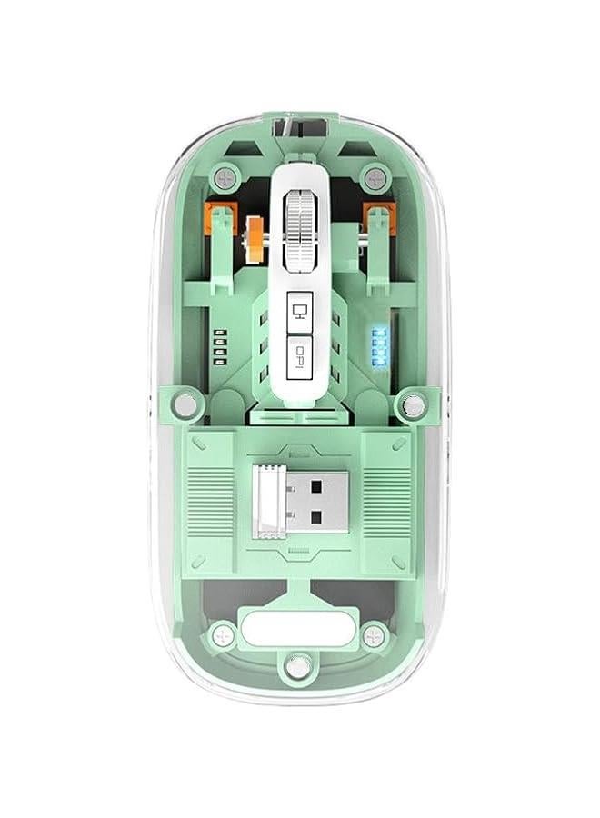 مطور ماوس بلوتوث لاسلكي وضع مزدوج نحيف 5.1 USB 2.4Ghz قابل لاعادة الشحن مع مستقبل صامت شفاف 4 مستويات DPI قابلة للتعديل للكمبيوتر وماك واللابتوب اخضر - Image 1