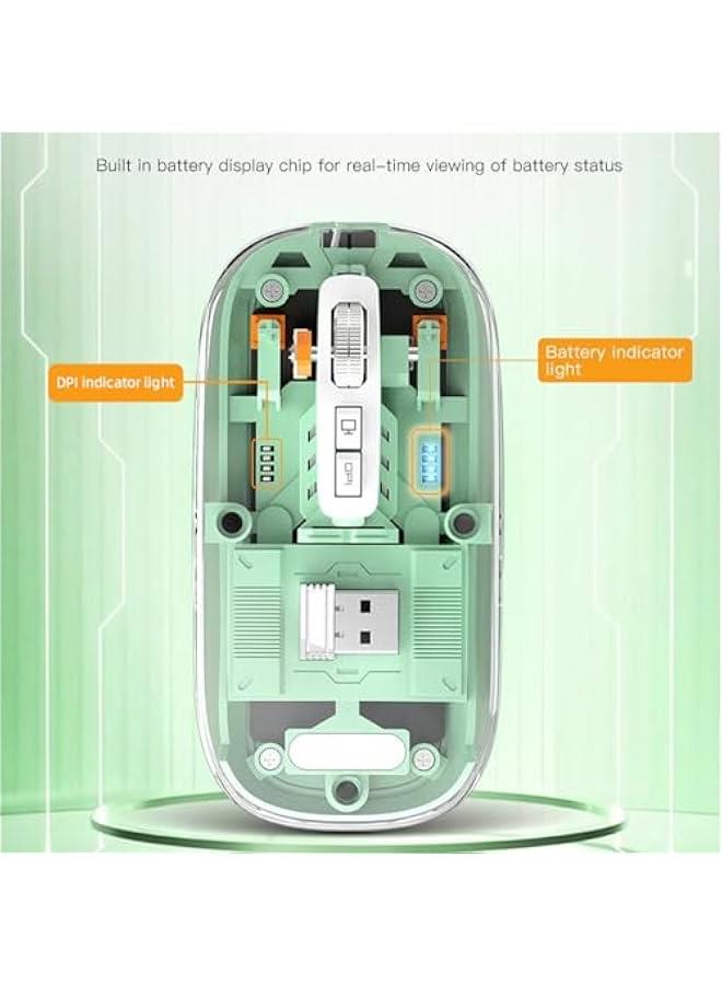 مطور ماوس بلوتوث لاسلكي وضع مزدوج نحيف 5.1 USB 2.4Ghz قابل لاعادة الشحن مع مستقبل صامت شفاف 4 مستويات DPI قابلة للتعديل للكمبيوتر وماك واللابتوب اخضر - Image 4