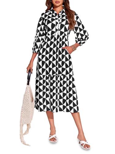 Wenrine Womens Boho Midi Dress Long Sleeve Casual Color Block Beach Button Down Shirt Dress Black - Image 1