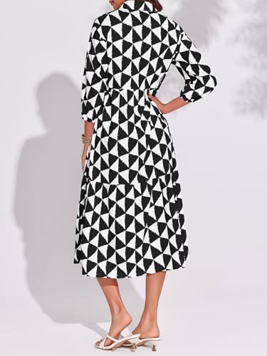 Wenrine Womens Boho Midi Dress Long Sleeve Casual Color Block Beach Button Down Shirt Dress Black - Image 3