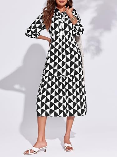 Wenrine Womens Boho Midi Dress Long Sleeve Casual Color Block Beach Button Down Shirt Dress Black - Image 2