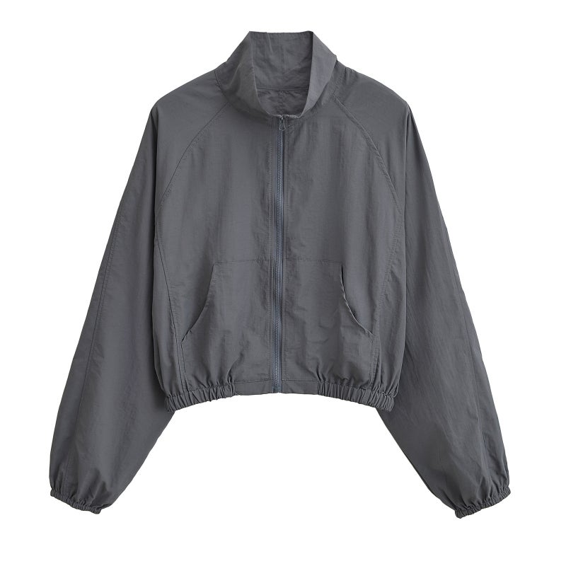 European and American Style Distinctive Street Collar Zipper Coat Womens Autumn New Loose Short Waisted Jacket Long Sleeve Top Dark gray 