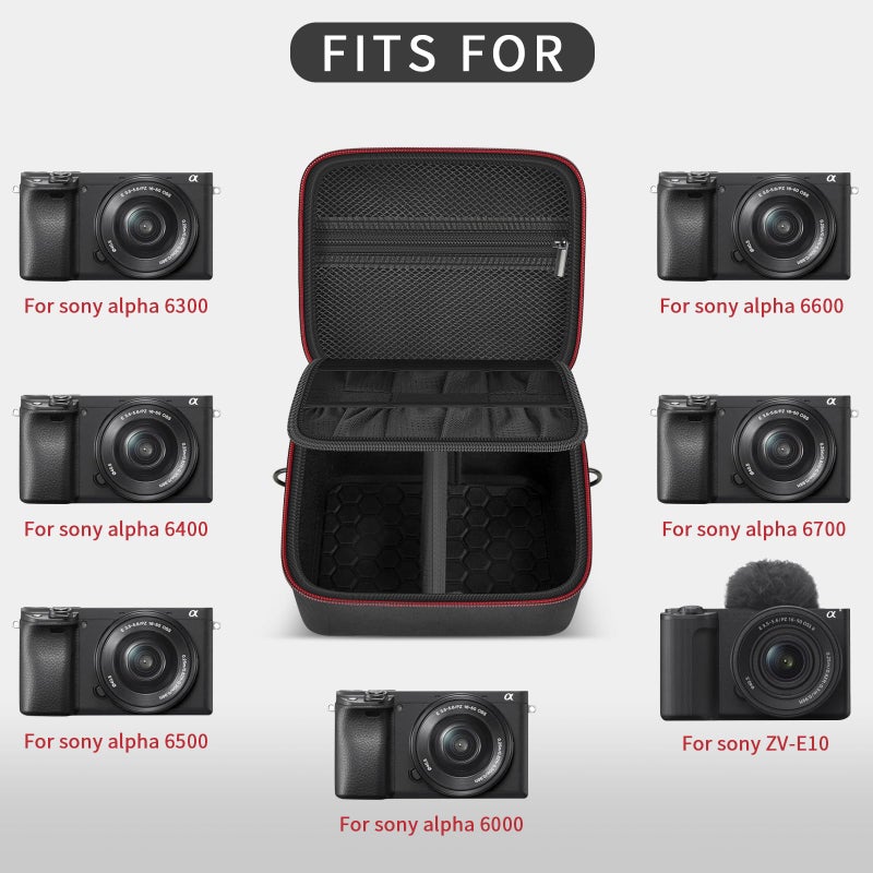 casmilee Camera Case for Sony Alpha ZV-E10 Alpha a6400/ a6700/ a6100/ a6000/ a6600/ a6500 Mirrorless Digital Camera, Hard Travel Bag with a Shoulder Strap for Lens & Accessories (Black, Medium) - Image 3