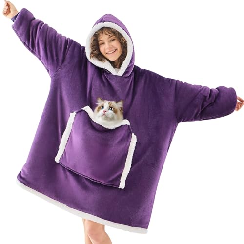 JOYWOO Purple Wearable Blanket Hoodie,Oversized Cat Lovers Sweatshirt Blanket for Adult,Birthday Gifts for Women,Mom,Grandma,Cozy Hooded Blanket with Giant Pocket Gifts,Dark Purple - Image 1