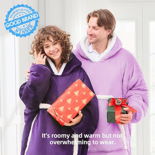 JOYWOO Purple Wearable Blanket Hoodie,Oversized Cat Lovers Sweatshirt Blanket for Adult,Birthday Gifts for Women,Mom,Grandma,Cozy Hooded Blanket with Giant Pocket Gifts,Dark Purple - Image 2