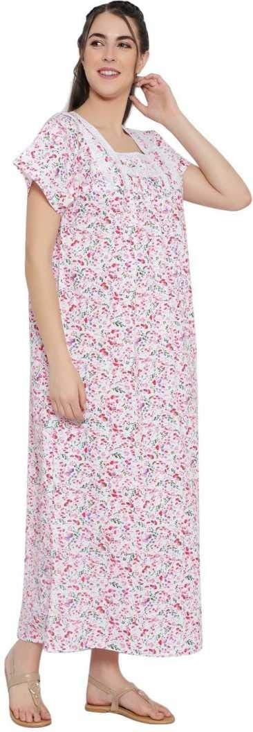 CIERGE Women's Cotton Abstract Print Maxi Nighty (CIERGE-COTTON LACE_Pink_Free Size) - Image 2