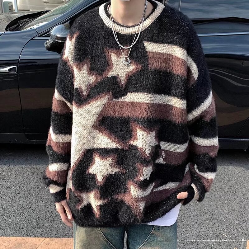2024 Vintage Striped Star Jacquard Mohai Plush Sweater Sweater for Men and Women Autumn and Winter Warm Loose Couple Black 