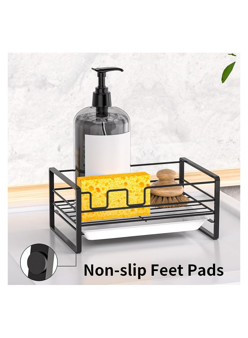 KASTWAVE Stainless Steel Sponge Holder for Kitchen Sink, Black Kitchen Bathroom Sink Organizer with Removable Drain Tray, Sink Tray Drainer Rack for Soap & Brush Organizer Storage - Image 5