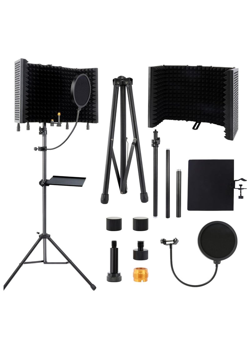 FlashHawk Microphone Stand With Isolation Shield, Foldable Mic Shield with Triple Sound Insulation, Adjustable Tripod,  High Density Mic Sound Shield for for Recording Studio, Podcasts, Singing, Broadcasting - Image 1