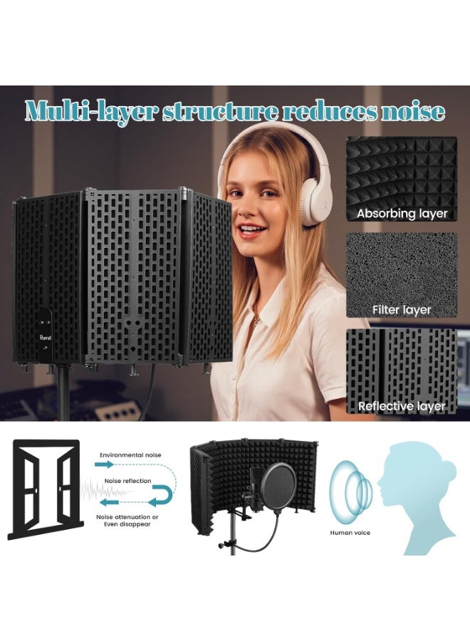 FlashHawk Microphone Stand With Isolation Shield, Foldable Mic Shield with Triple Sound Insulation, Adjustable Tripod,  High Density Mic Sound Shield for for Recording Studio, Podcasts, Singing, Broadcasting - Image 2