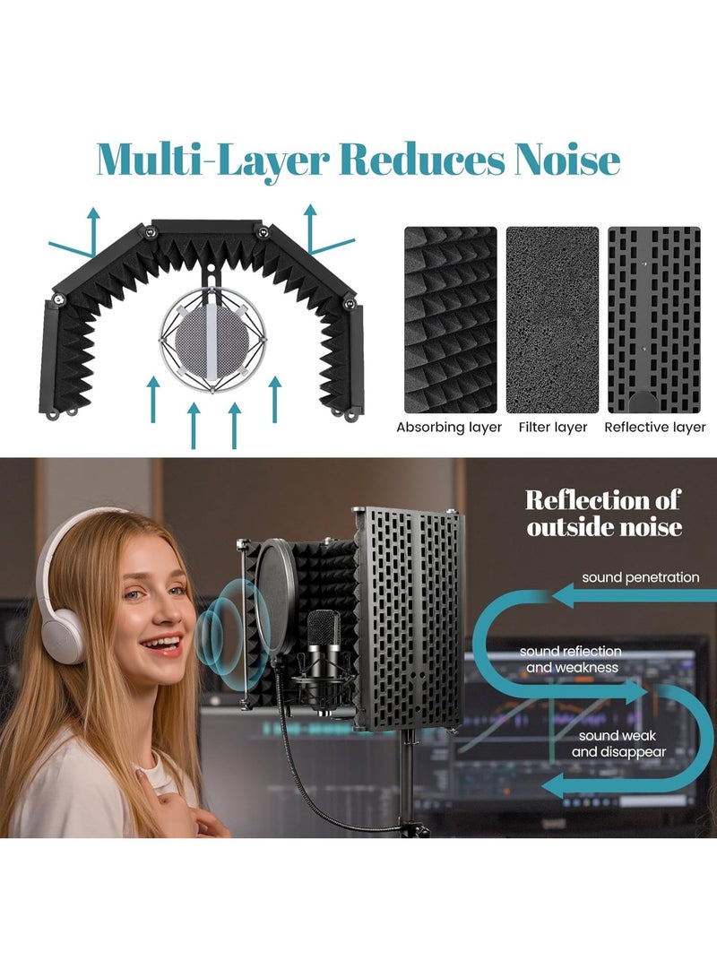 FlashHawk Microphone Stand With Isolation Shield, Foldable Mic Shield with Triple Sound Insulation, Adjustable Tripod,  High Density Mic Sound Shield for for Recording Studio, Podcasts, Singing, Broadcasting - Image 3