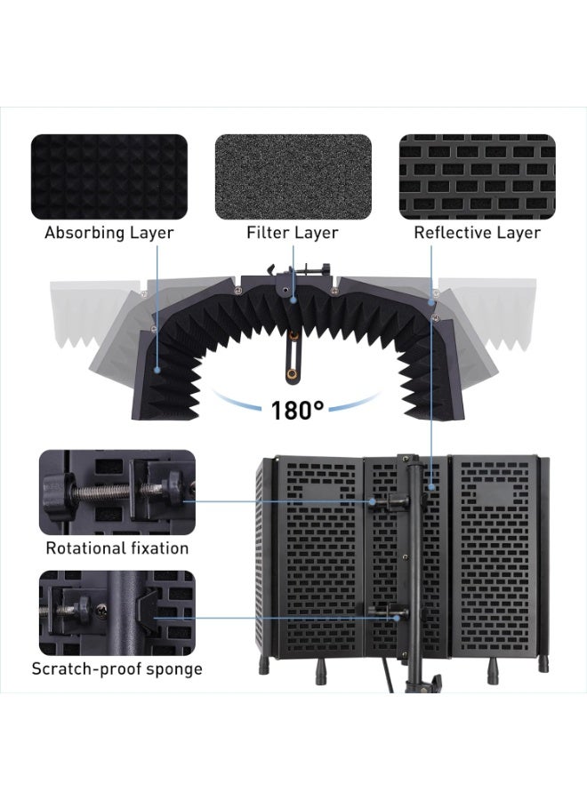 FlashHawk Microphone Stand With Isolation Shield, Foldable Mic Shield with Triple Sound Insulation, Adjustable Tripod,  High Density Mic Sound Shield for for Recording Studio, Podcasts, Singing, Broadcasting - Image 4