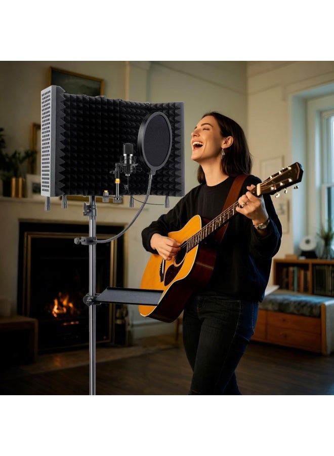 FlashHawk Microphone Stand With Isolation Shield, Foldable Mic Shield with Triple Sound Insulation, Adjustable Tripod,  High Density Mic Sound Shield for for Recording Studio, Podcasts, Singing, Broadcasting - Image 5