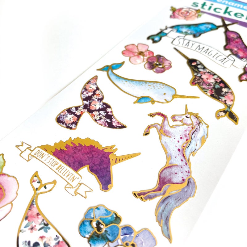 Playhouse Shiny Foil Enamel Effect Sticker Sheet for Crafts, Trading & Collecting - Narwhals and Unicorns - Image 1