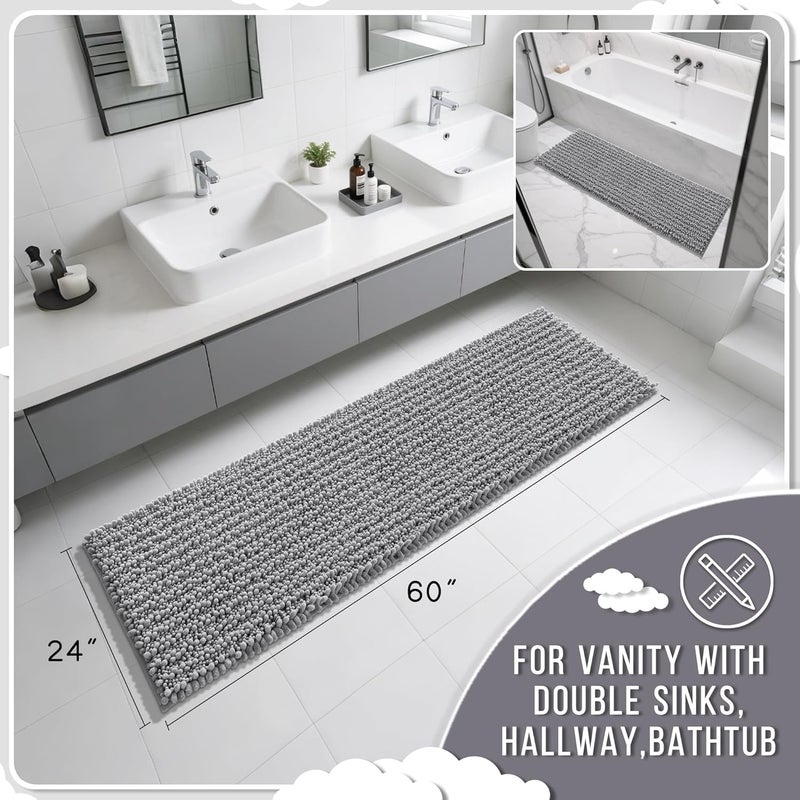 Yimobra Bathroom Runner Rug 60x24 Inch - Extra Long Non Slip Chenille Bath Mat, Soft & Absorbent, Machine Washable Shaggy Hallway Carpet for Vanity Tub Shower, Gray Home Decor Accessories - Image 2