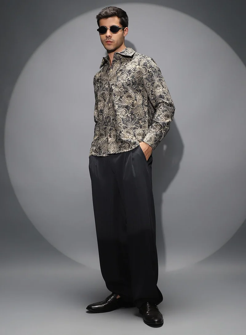 Campus Sutra Men's Navy Blue Paisley-Galleria Shirt For Casual Wear | Spread Collar | Long Cuffed Sleeves | Button Closure | Shirt Shirt Crafted With Comfort Fit For Everyday Wear