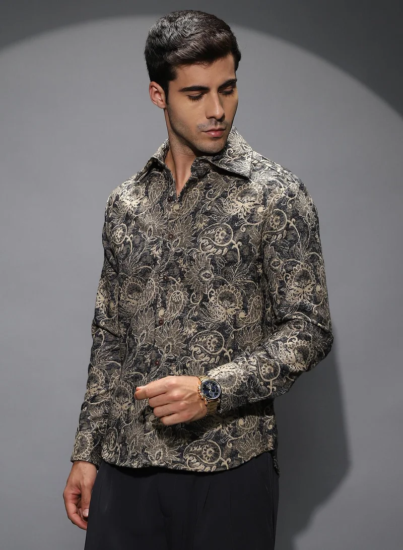 Campus Sutra Men's Navy Blue Paisley-Galleria Shirt For Casual Wear | Spread Collar | Long Cuffed Sleeves | Button Closure | Shirt Shirt Crafted With Comfort Fit For Everyday Wear