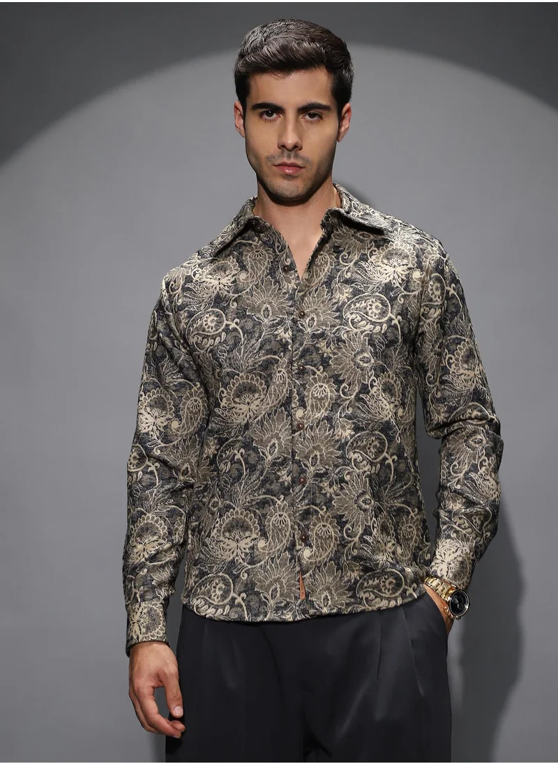 Campus Sutra Men's Navy Blue Paisley-Galleria Shirt For Casual Wear | Spread Collar | Long Cuffed Sleeves | Button Closure | Shirt Shirt Crafted With Comfort Fit For Everyday Wear