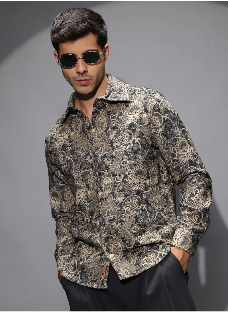 Campus Sutra Men's Navy Blue Paisley-Galleria Shirt For Casual Wear | Spread Collar | Long Cuffed Sleeves | Button Closure | Shirt Shirt Crafted With Comfort Fit For Everyday Wear