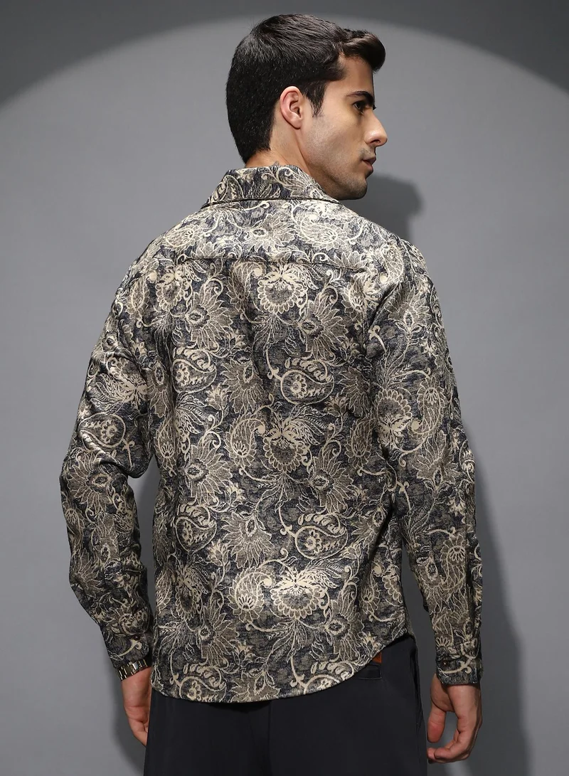 Campus Sutra Men's Navy Blue Paisley-Galleria Shirt For Casual Wear | Spread Collar | Long Cuffed Sleeves | Button Closure | Shirt Shirt Crafted With Comfort Fit For Everyday Wear