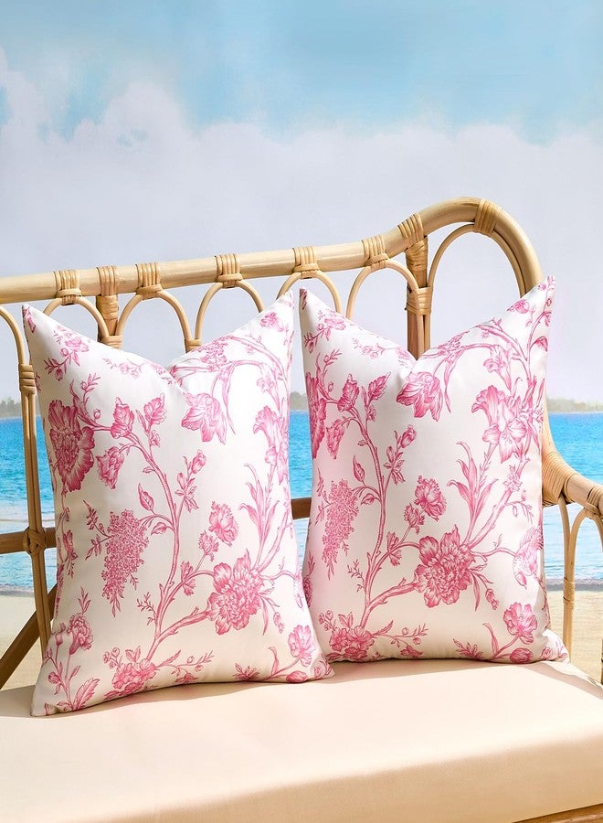 KWLET Outdoor Waterproof Throw Pillows Covers Pink Floral 18x18 Inch Vintage Floral Plant Chinoiserie Flowers Decor Pillowcase Set of 2 Cushion Cases for Patio Furniture Couch Bench - Image 2