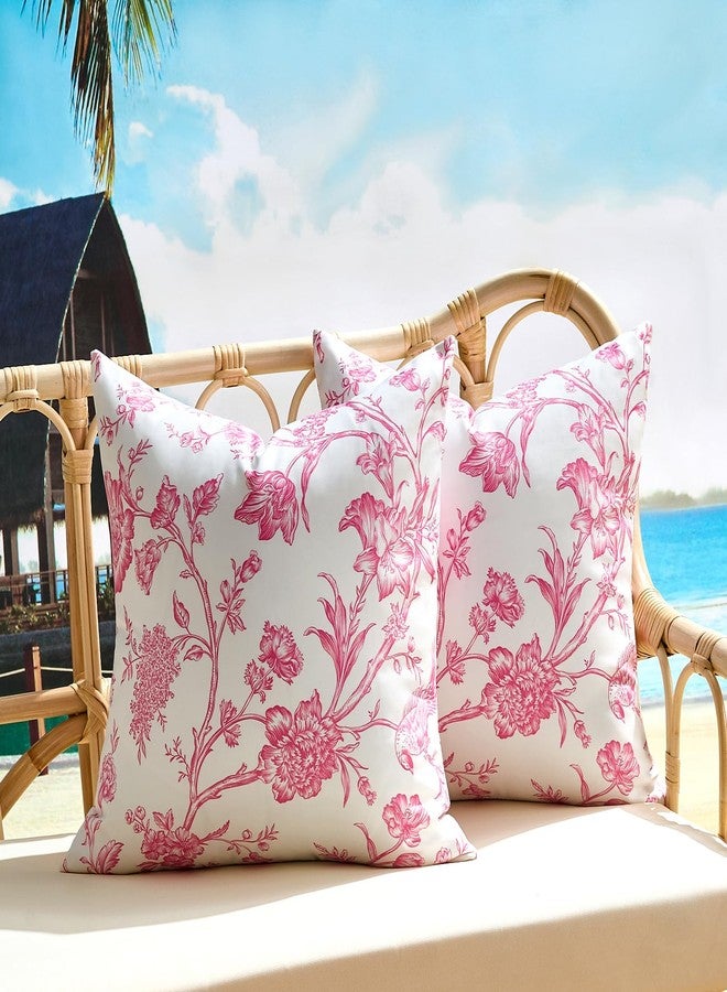 KWLET Outdoor Waterproof Throw Pillows Covers Pink Floral 18x18 Inch Vintage Floral Plant Chinoiserie Flowers Decor Pillowcase Set of 2 Cushion Cases for Patio Furniture Couch Bench - Image 1