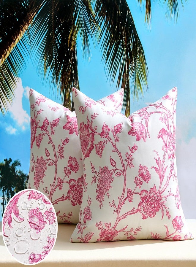 KWLET Outdoor Waterproof Throw Pillows Covers Pink Floral 18x18 Inch Vintage Floral Plant Chinoiserie Flowers Decor Pillowcase Set of 2 Cushion Cases for Patio Furniture Couch Bench - Image 3