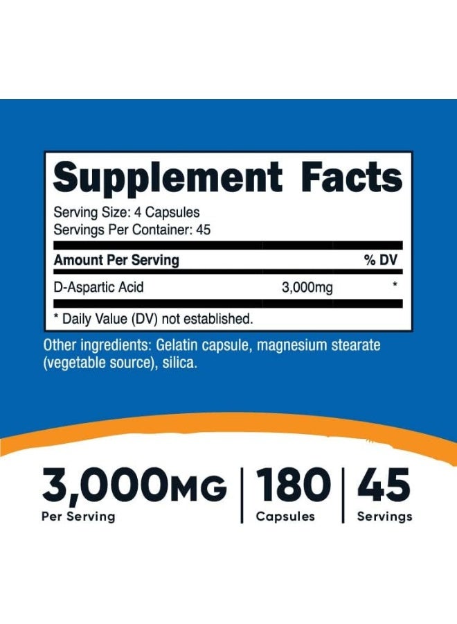 Nutricost كبسولات حمض D-Aspartic (عبوة من 180 كبسولة) (3000 ملغ حصة) - Image 2
