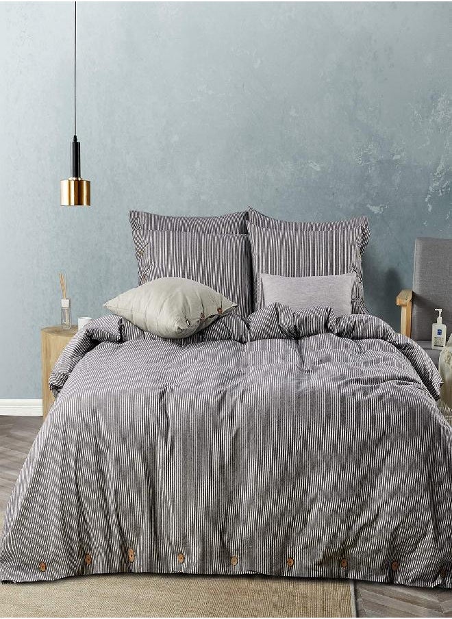 JELLYMONI JELLYMONI Pinstriped 100% Washed Cotton Linen Like Duvet Cover Set, 3 Pieces Bedding Set with Buttons Closure, Black with White Vertical Ticking Stripes Pattern Duvet Cover Queen Size(No Comforter)  - Image 1
